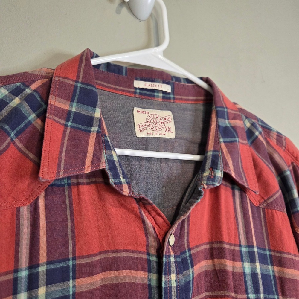 Lucky Brand Western Pearl Snap Shirt Mens XXL Red Plaid Long Sleeve Classic Fit